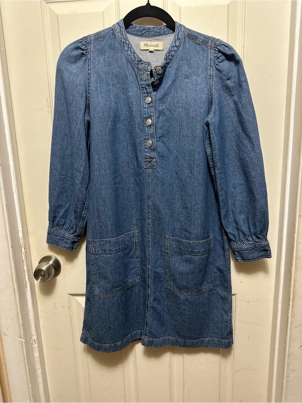Madewell Denim Patch-Pocket Popover Shirtdress Puff Sleeve - Size XXS